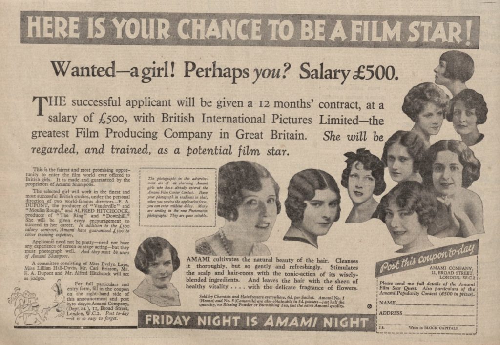 British International Pictures advert for actresses. Image courtesy of The Hitchcock Zone.