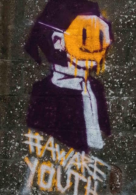 Photograph of graffiti with the hashtag "Aware Youth"