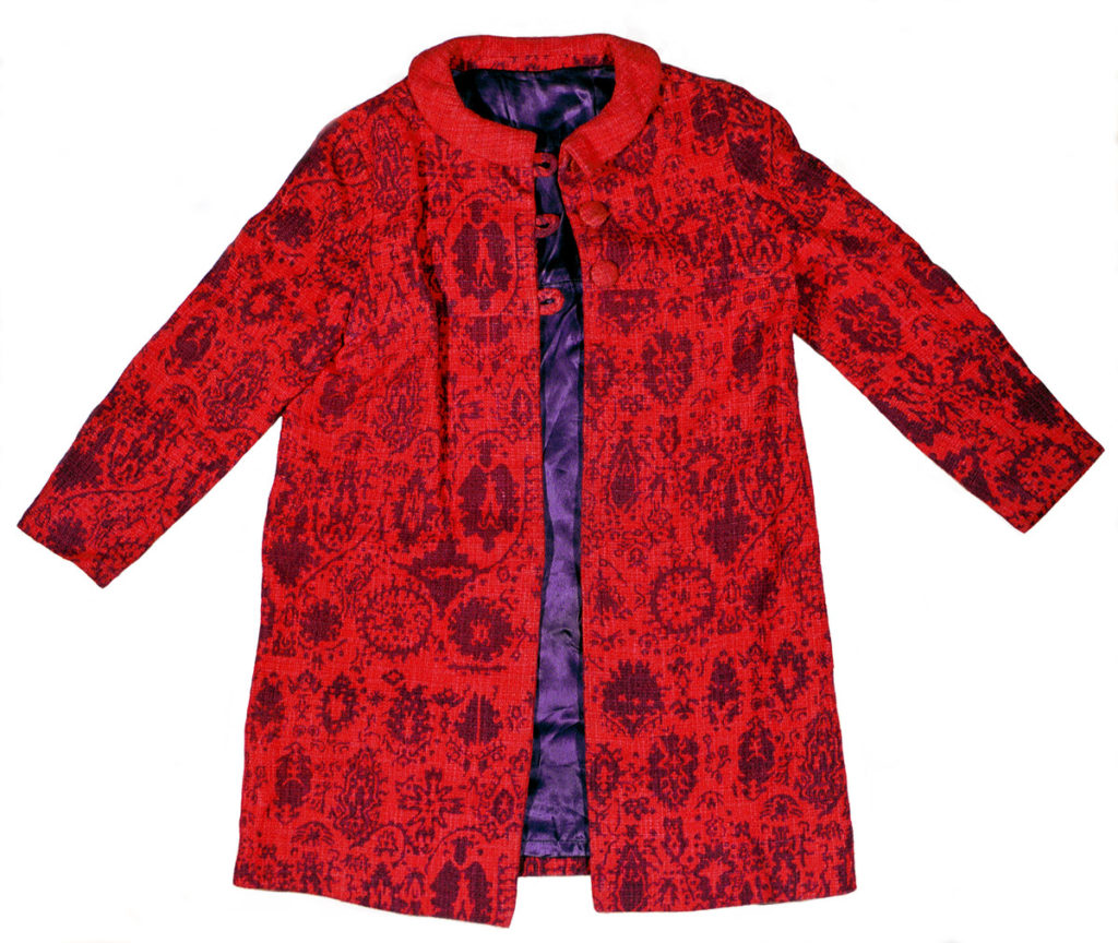Red coat with printed pattern and purple lining