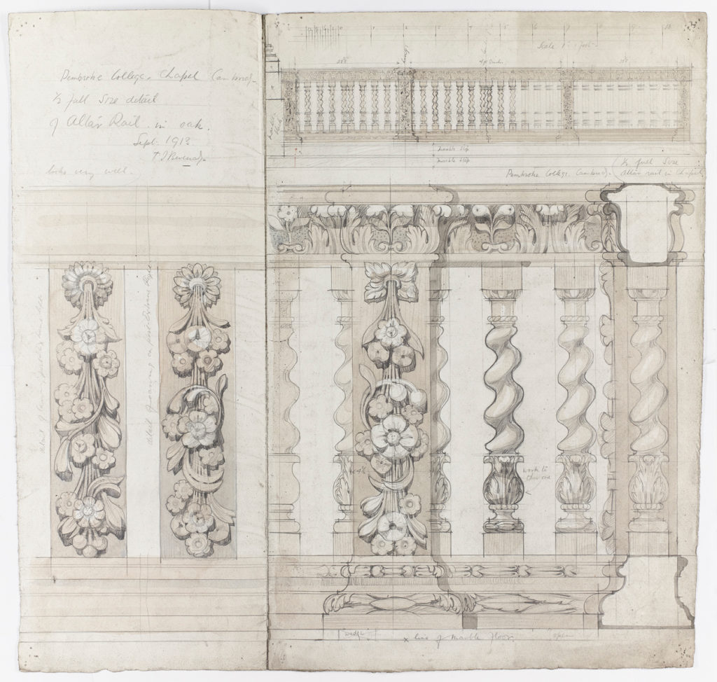 Image of drawings of details from Pembroke College Chapel in Cambridge. Features drawings of ornate columns.