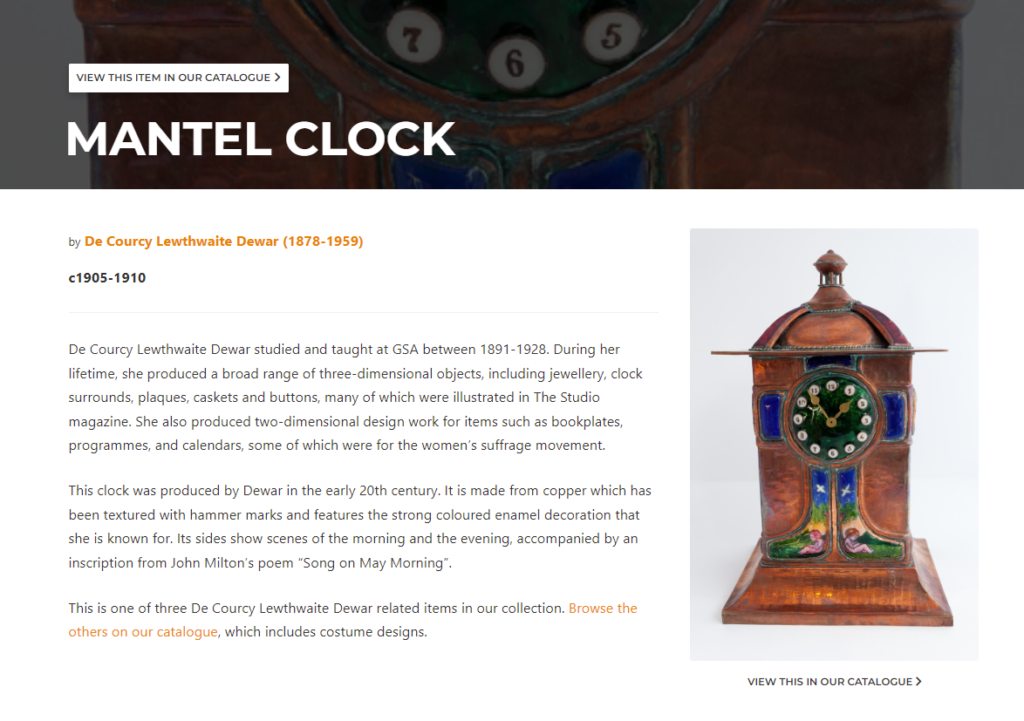 Image of GSA Archives and Collections website featuring a handmade copper clock to the right hand side.
