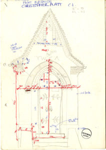 An architectural plan for the front elevation of a church, hand-annotated with writing and measurements in blue and red ink