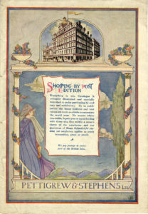 A cover page from a brochure, featuring an image of the department store Pettigrew and Stephens, and an image of a woman in a flowing coat and veiled hat looking over her shoulder as she leans against a pillar garlanded with flowers, looking out onto a landscape of rolling hills