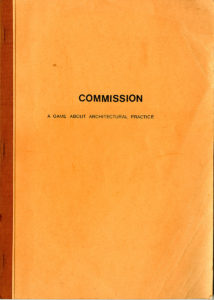 A yellow booklet with a red binding, titled 'Commision: A Game About Architectural Practice'