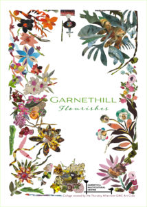 Original Garnethill Multicultural Centre Tea Towel design, featuring collaged floral designs and the text 'Garnethill Flourishes'