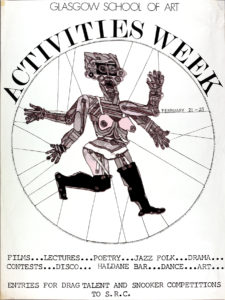 Poster on white background with stylised four-armed figure in circle in centre of poster. Large text above this image reads ACTIVITIES WEEK. Text below the image of the figure lists the activities taking place including films, lectures, poetry and drama