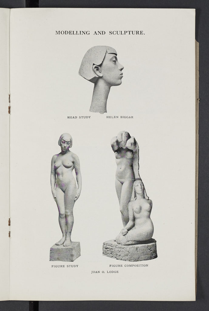 An image from The Glasgow School of Art Calendar Session, 1930-1931, featuring a sculpture by Helen Biggar. The sculpture is of a woman's stylised head in side-profile. She has an elongated neck. Below the work by Biggar are two statues of Nudes in a modernist style by John O. Lodge 