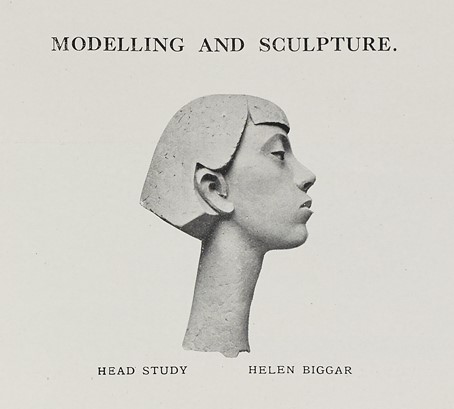 An image from the Modelling and Sculpture section of the 1930-1931 GSA Calendar. The image is of a sculpture by Helen Biggar of a woman's head in a stylised design with an elongated neck