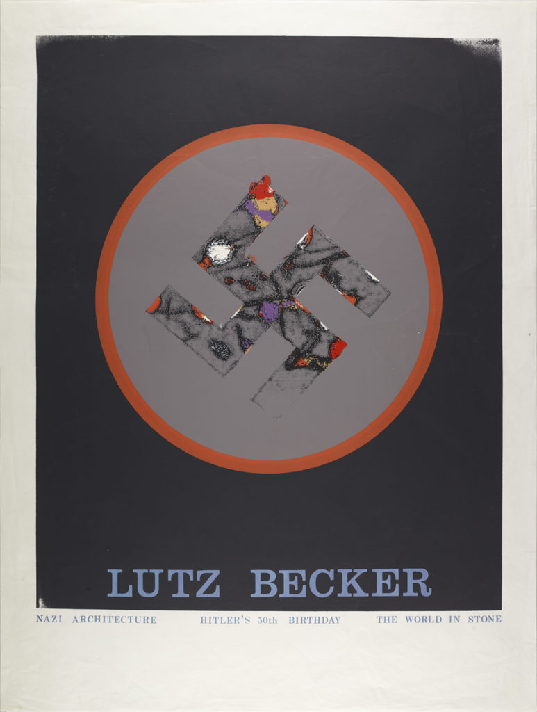 A poster for a lecture by Lutz Becker. A stylised swastika in a grey circle, surrounded by a red border. Text reads 'Lutz Becker: Nazi Architecture - Hitler's 50th Birthday - The World in Stone 
