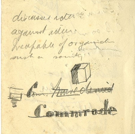 Detail from notes of the Glasgow Kino group, c.1933. Handwritten pencil notes on yellowed paper. At the bottom of the text, there is a drawing of a cube with shading, and the word 'Commrade' in a serifed, typographical style, crossed-out