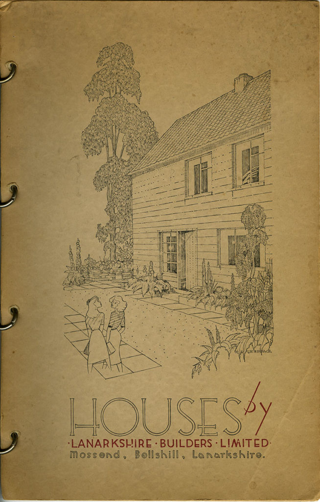 Brochure cover on age-yellowed paper. Line drawing of two women walking outside a house with a garden. Text reads 'Houses by Lanarkshire Builders Limited. Mossend, Bellshill, Lanarkshire