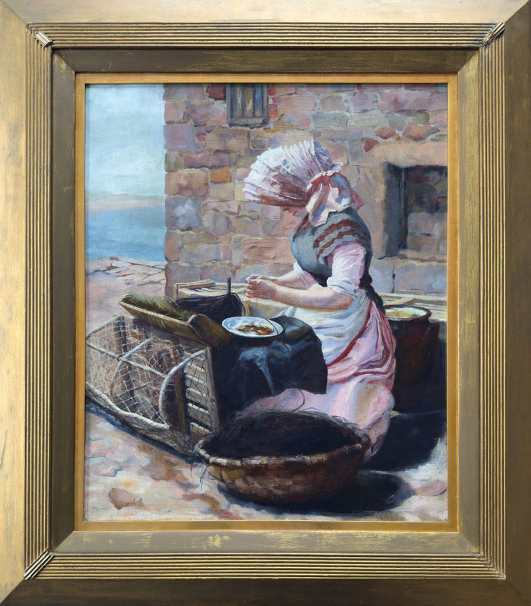 Oil painting in gold-coloured frame, showing woman sitting beside a lobster creel and attaching bait to wire.