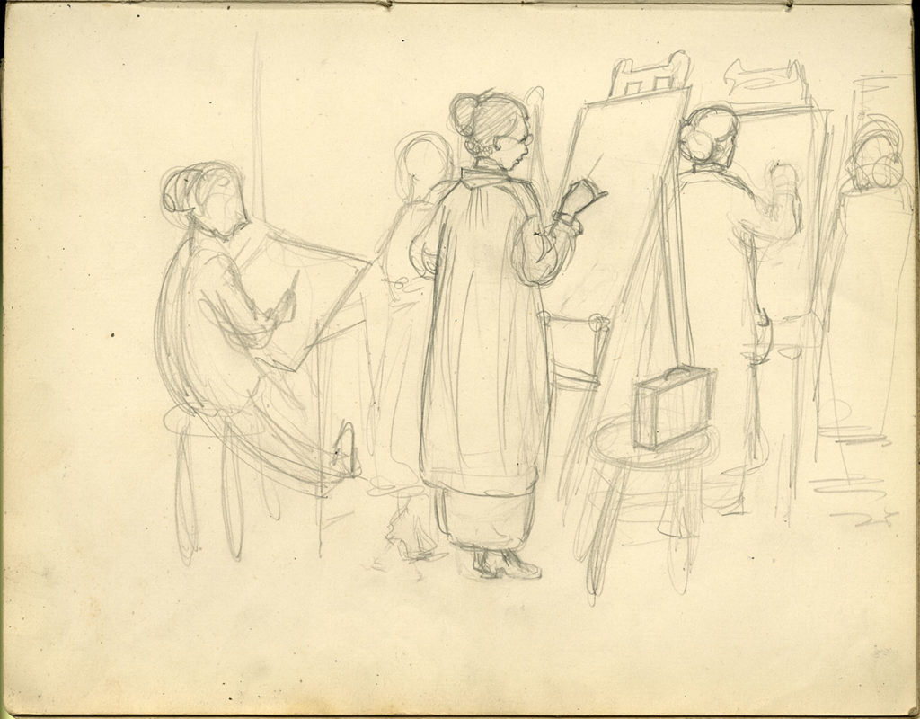 Pencil drawing of a group of women art students sketching at easels.