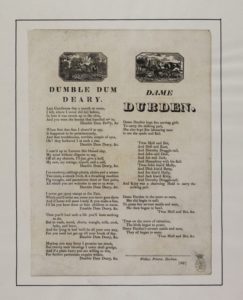 Printed page with two poems, 'Dumble Dum Deary' and 'Dame Durden'. Titles of poems are in large type compared with the body of poems. There is a picture of a farming scene at the top of each poem.