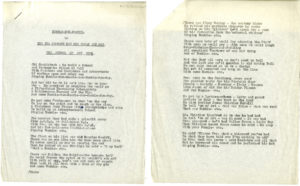 Thirteen four-line verses typed across two pages of off-white paper, with the title "Dumble-Dum-Dearie or How Fra Newbery got his Cloak and Hat. The School of Art Song."
