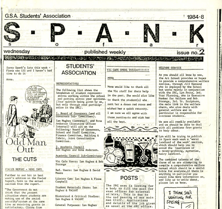 Black and white front page of publication "S.P.A.N.K." GSA Students' Association publication