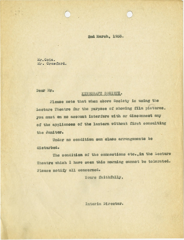 Kinecraft Society letter, dated March 1933