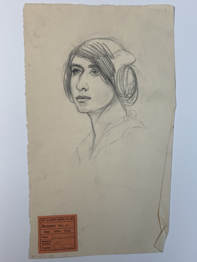 Head and shoulders drawing of a woman in 3/4 profile.