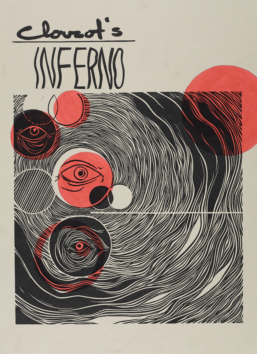 Poster for a film screening of 'Inferno', depicting an abstract pattern in black and red with eyes.