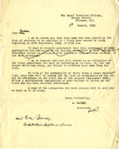 Letter addressed to EM Harvey, from the Royal Technical College. It is addressed 'Dear Sir', which has been crossed out and replaced with 'Madam'