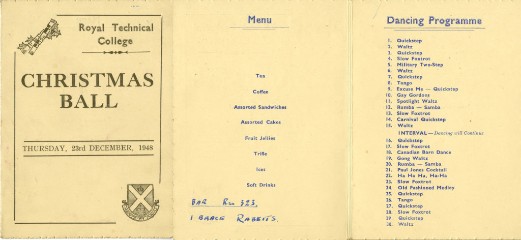 Programme for the 1948 Royal Technical College Christmas Ball, featuring a menu and a list of dances