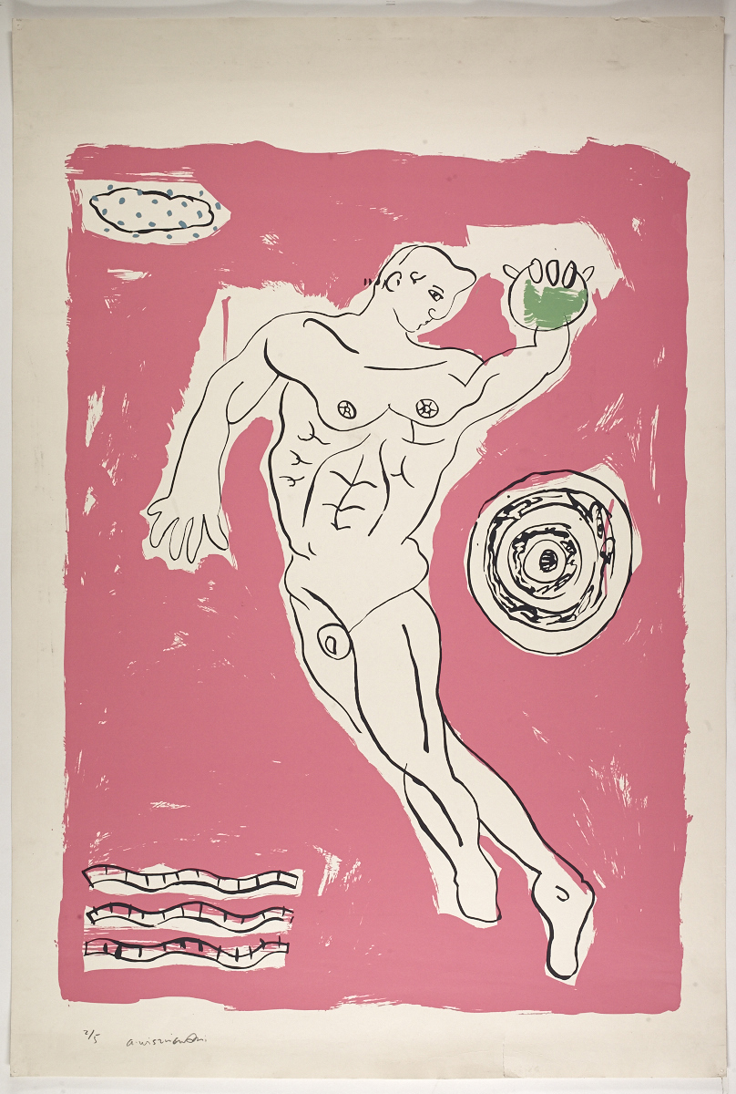Second in a series of five screen prints of a dancing nude male figure against a vivid pink background.