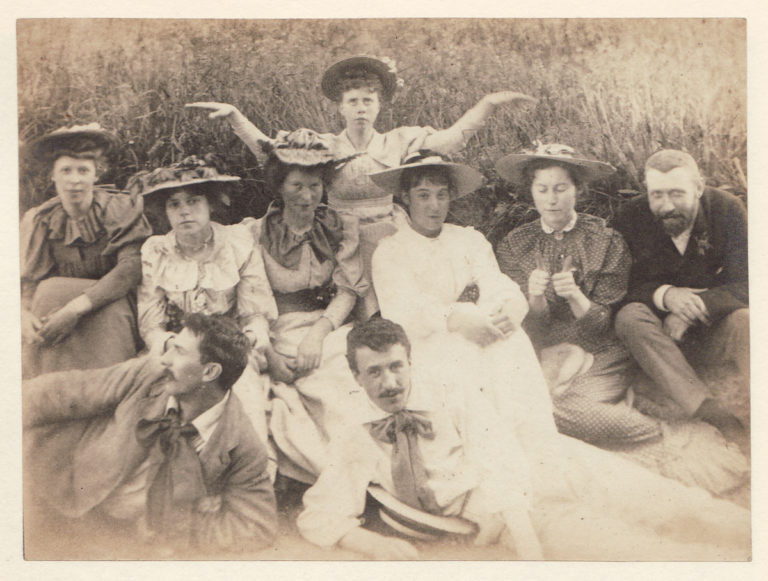 Black and white photograph of "The Immortals"- Charles Rennie Mackintosh, Margaret and Frances Macdonald, Herbert MacNair, Jessie Keppie and others.