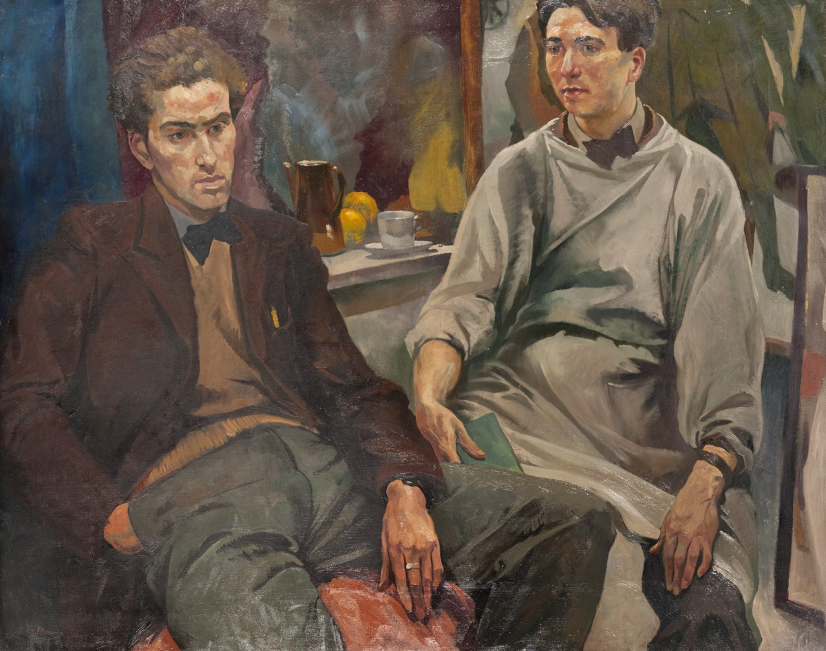Oil on Canvas painting titled "The Painters Colquhoun & McBryde (The Two Roberts) by Ian Fleming, showing two seated man in a painting studio